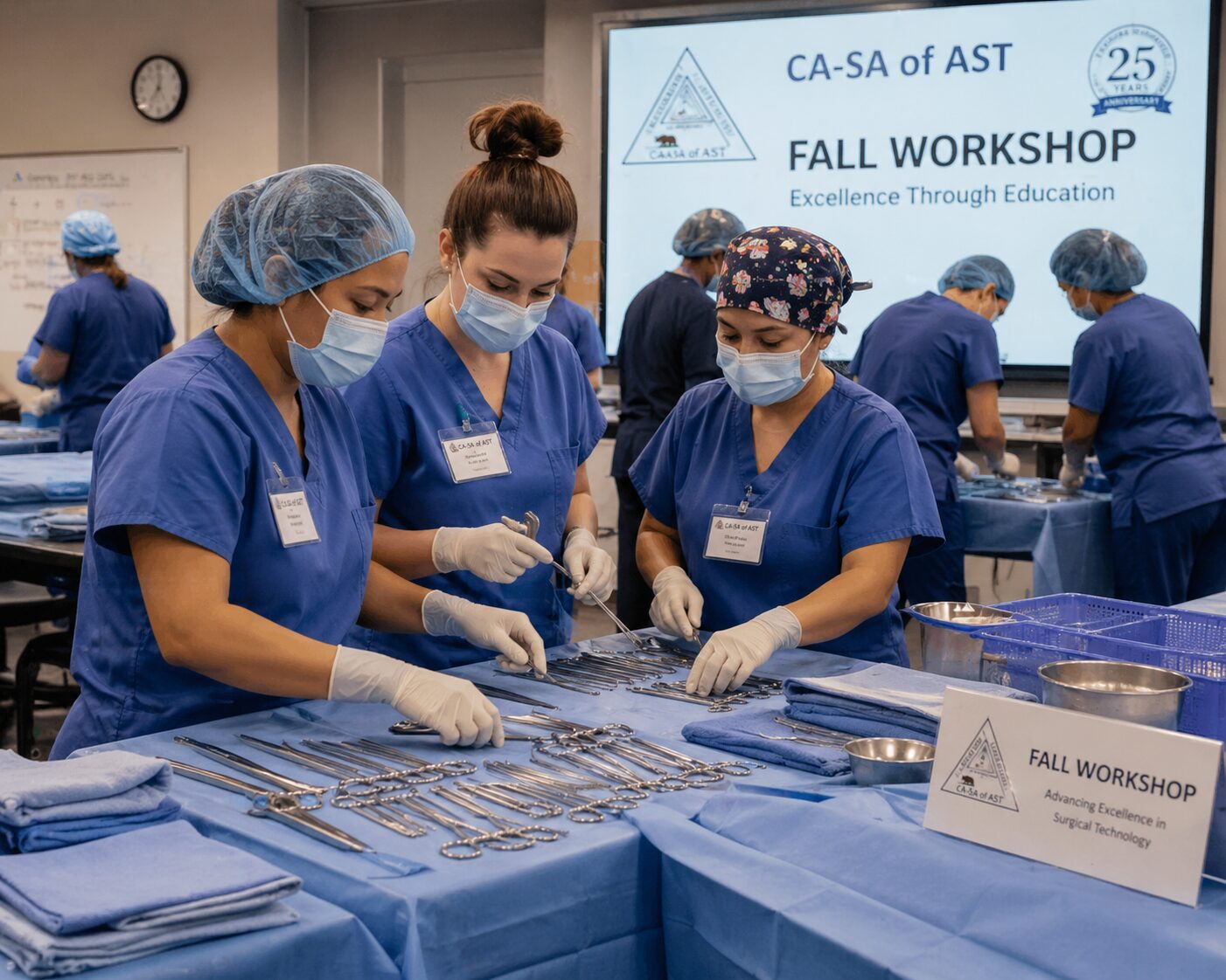 CA-SA of AST Fall Workshop 2024 — surgical technology students practicing instrument handling