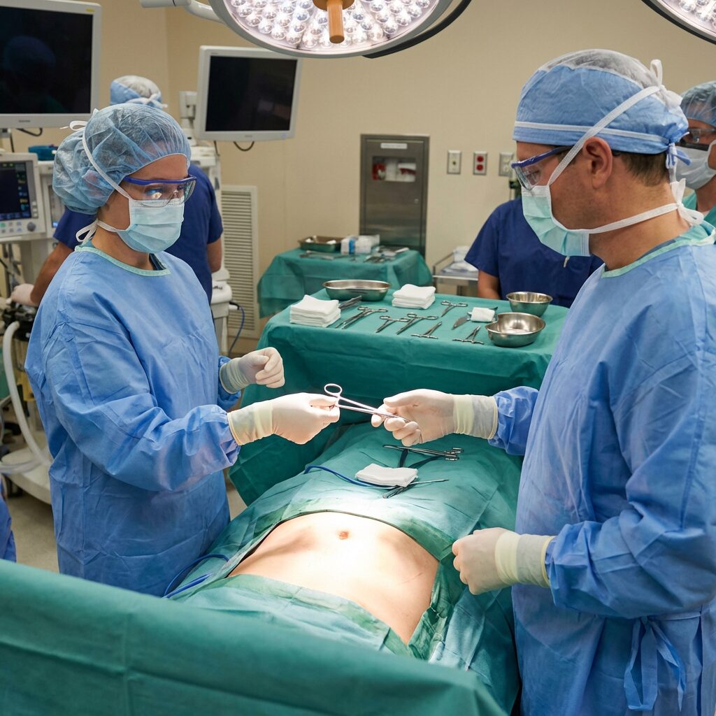 Surgical technologist passing instrument to surgeon during procedure